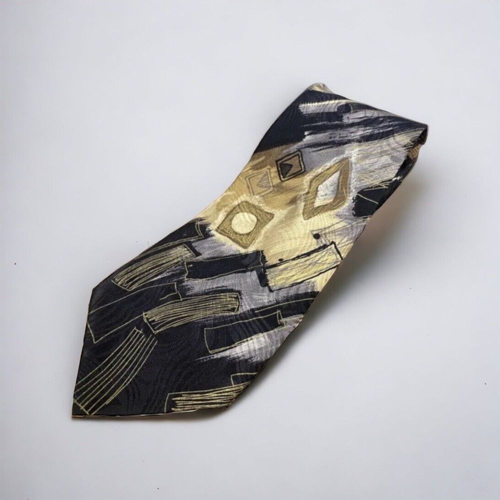 Zanzara Carnaval De Venise Necktie Italian Geometric Black Gold Silver Silk